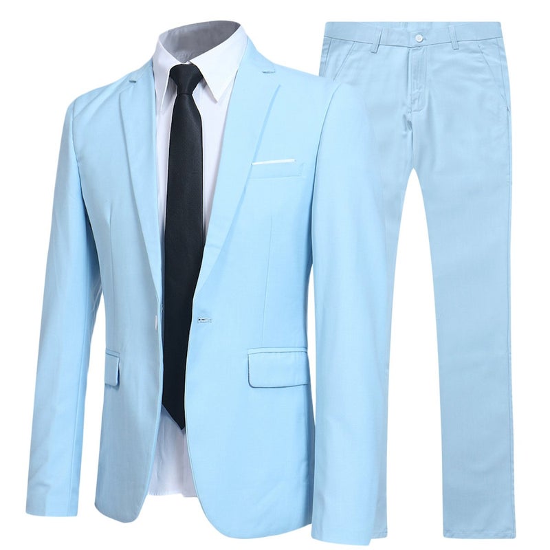 YFFUSHI Slim Fit 2 Piece Suit For Men One Button Casual/Formal/Wedding Tuxedo,Light Blue,Large - Image 1